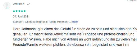Screenshot einer sehr Positiven Bewertung für Tobias Hoffmann von Patient auf Jameda