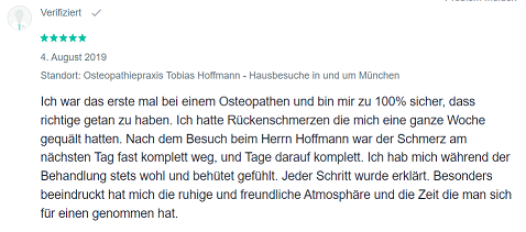 Screenshot von Jameda einer Positive Bewertung für Tobias Hoffmann von Patient