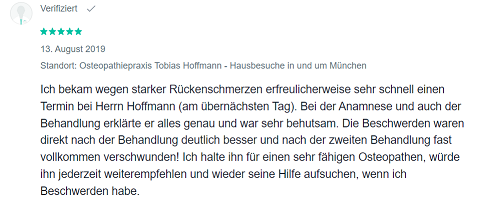 Screenshot einer Positive Bewertung für Tobias Hoffmann von Patient auf Jameda