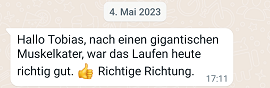 kurzes positives Feedback per Whatsapp nach einer Behandlung an Tobias Hoffmann
