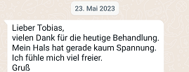 kurzes positives Feedback per Whatsapp nach einer Behandlung an Tobias Hoffmann