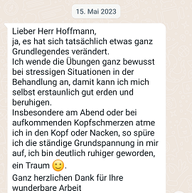 Ausführliches positives Feedback per Whatsapp nach einer Behandlung an Tobias Hoffmann