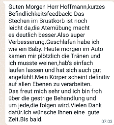 Ausführliche positive Rückmeldung eines Patienten an Tobias Hoffmann nach einer Behandlung