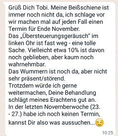 Ausführliche positive Rückmeldung eines Patienten an Tobias Hoffmann nach einer Behandlung