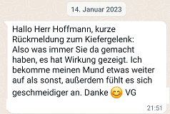 Screenshot einer Kurzen Positive Rückeldung einer Behandlung per Whatsapp an Tobias Hoffmann von einer Patientin