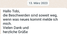Screenshot einer Kurzen Positive Rückeldung einer Behandlung per Whatsapp an Tobias Hoffmann von einer Patientin