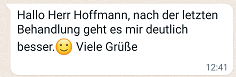 Kurze Positive Rückeldung einer Behandlung per Whatsapp an Tobias Hoffmann von einer Patientin